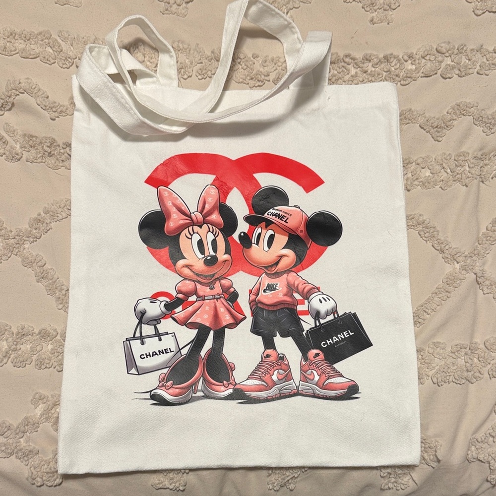 White Canvas Tote with Pink and Black Disney Graphic